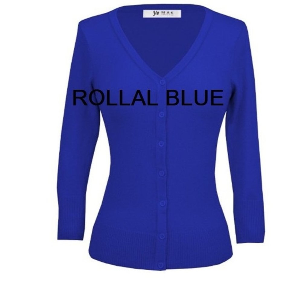 Women's 3/4 Sleeve V-Neck Button Down Knit Cardigan Sweater Royal Blue color